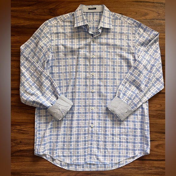Bugatchi Men's Medium White&Blue Plaid Flip Cuff Long Sleeve Button Front Shirt - Picture 2 of 7